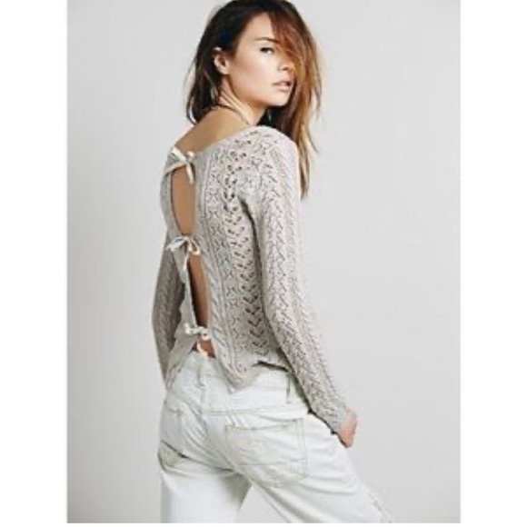 Free People Size Small Tie Back Sweater Ivory Pointelle Bow - Picture 1 of 8